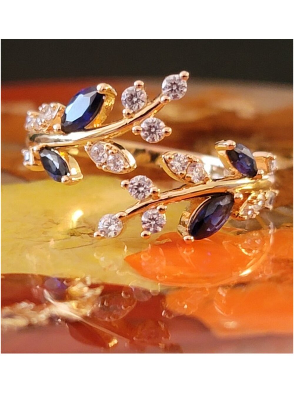 Leaf Vine Open Ring Marquise Sapphire Gold Plated Silver Size 7 NWT